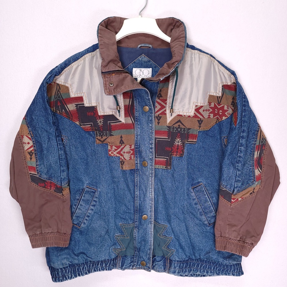 Vintage CBO New York Denim Bomber Jacket Southwestern Aztec Pattern Mens 3XL